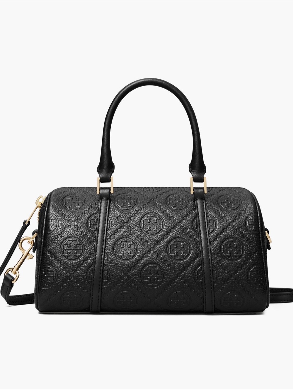 Tory Burch Black T Embossed Leather Barrel Satchel with Gold Hardware